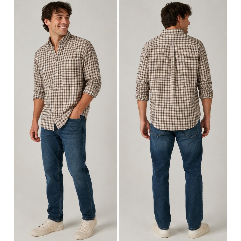 Y2K Abercrombie & Fitch Button Down Shirt Mens L Tan Plaid LS preppy heritage